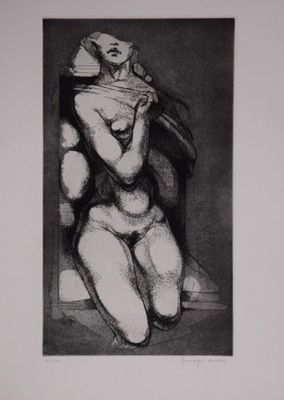 dessin en noir et blanc représentant une femme nue assise sur une chaise