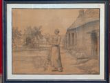 drawing of a woman holding a stick in front of a house