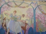 painting of a woman in a blue dress and a dog in a blue dress