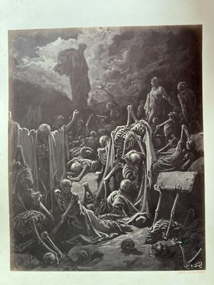 an old black and white painting of a group of people in a cave