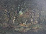 a picture of a painting of a man and a dog in the woods