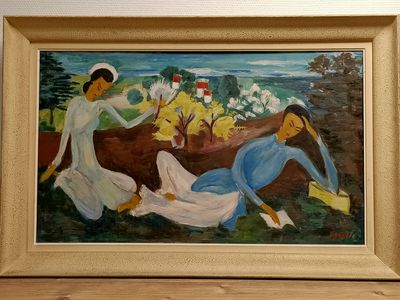 un tableau représentant deux femmes assises dans l'herbe