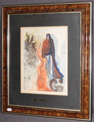 tableau représentant une femme avec un chien et un cerf, dans un cadre en bois