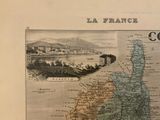 an old map of france with a picture of a town in the background