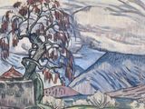 une image représentant une peinture d'un arbre dans un champ, avec des montagnes en arrière-plan