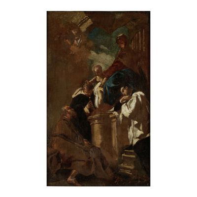 une peinture représentant un groupe de personnes assises autour d'une table