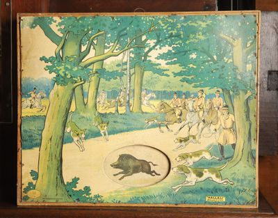 une photo d'un tableau représentant un chien poursuivant un sanglier