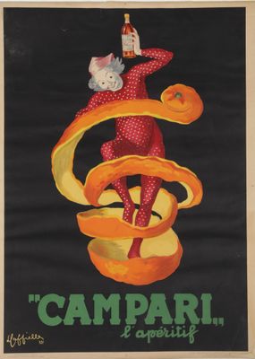 an image of a poster advertising campari for party with a cat on top of an orange peel