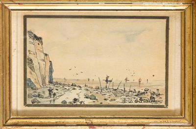 une image représentant un tableau représentant une scène de plage avec des personnes sur le rivage