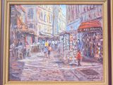 a painting of a city street with people walking on it