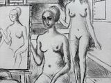 a drawing of three nudes sitting on a chair