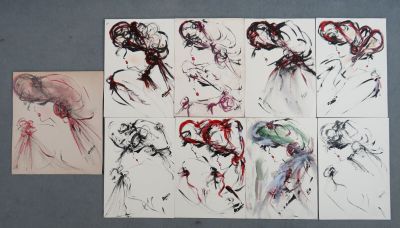 six croquis différents représentant une tête et un visage de femme