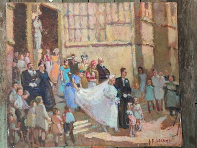 a painting of a wedding ceremony in a barn