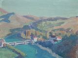 painting of a landscape with a river and a bridge in the foreground