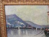 a painting of a boat on the water with a mountain in the background