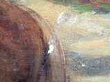 a painting of a cow standing on a dirt road