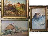 trois tableaux encadrés représentant des maisons et une calèche