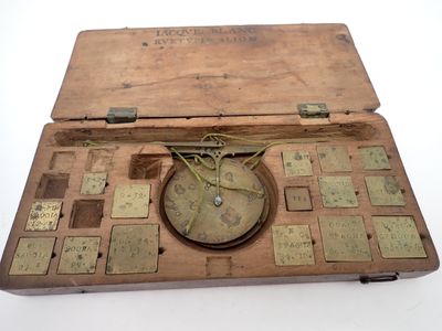 an old wooden box with a clock inside of it