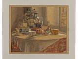 une photo d'un tableau représentant une théière posée sur une table