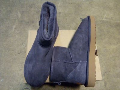 a pair of blue sued boots on a cardboard box
