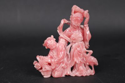 chinese carved pink jade figurine of a woman and two children