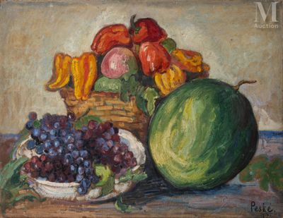 a painting of a bowl of fruit and a watermelon on a table