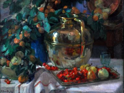 a painting of a vase and a plate of fruit on a table