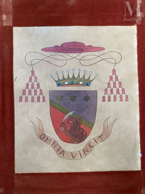 an old book with a picture of a coat of arms on it
