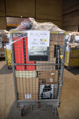 a metal cart with a bunch of boxes in it
