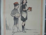 une affiche représentant un garçon et une fille tenant un panier de fruits