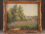an image of a painting of a field of flowers with trees in the background
