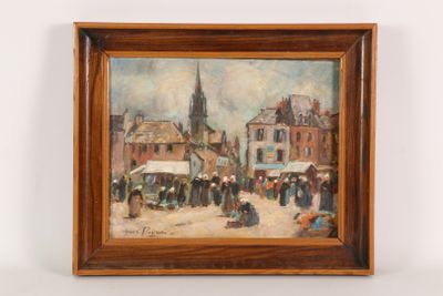 an oil painting of a street scene with a church steeple in the background