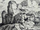 a black and white drawing of a mountain with birds flying over it