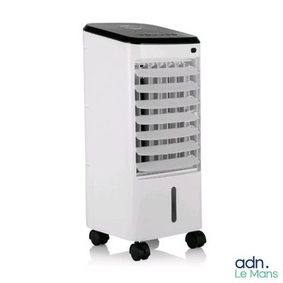 a white and black air cooler sitting on top of a white table