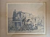 a picture of a drawing of a group of people outside of a building
