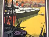 affiche représentant un paquebot de croisière amarré dans un port, avec une ville en arrière-plan