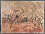 une peinture à l'huile représentant un paysage désertique avec des oiseaux perchés sur une branche