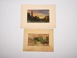 two paintings of trees and a church on a white wall