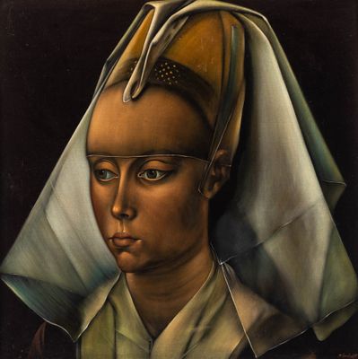 une peinture à l'huile représentant une femme portant un voile sur la tête
