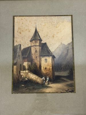 tableau représentant un château avec, devant, un homme à cheval