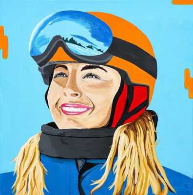 tableau représentant une femme portant un casque et des lunettes de protection, souriant à l'appareil photo