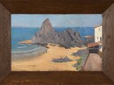 une peinture à l'huile représentant une scène de plage avec des rochers et une maison