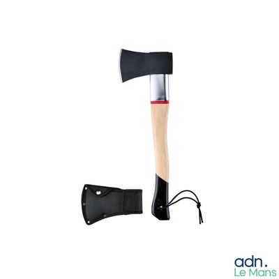 an axe with a leather sheath and sheath on a white background