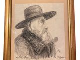 dessin représentant un homme coiffé d'un chapeau et tenant une pipe à la bouche