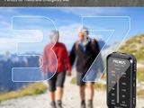 two people walking on a trail with a cell phone in hand