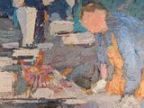 an oil painting of a group of people sitting at a table
