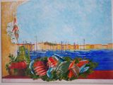 un tableau représentant une vue sur un port depuis une fenêtre