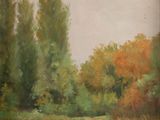 painting of a river with trees in the background and a boat in the water