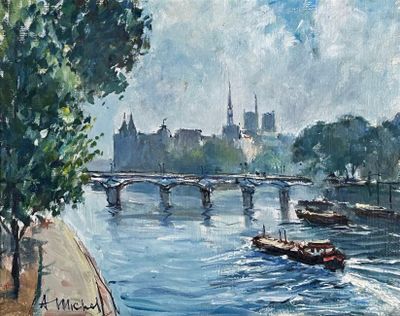 une peinture représentant des bateaux sur l'eau près d'un pont