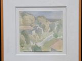 framed watercolor painting of a landscape with trees and hills in the background